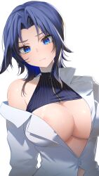  1girl absurdres adapted_costume alternate_costume alternate_hairstyle areola_slip bingsardina blue_eyes blue_hair blush breast_focus breasts cleavage close-up highres hololive hololive_english large_breasts looking_at_viewer ouro_kronii ouro_kronii_(1st_costume) short_hair simple_background solo upper_body virtual_youtuber white_background 