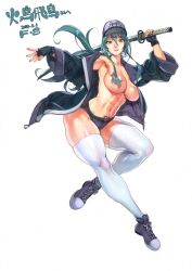  1girl abs armpits baseball_cap breasts commentary_request commission curvy f.s. fingerless_gloves gloves green_hair hair_censor hat highres holding holding_sword holding_weapon jacket katana large_breasts looking_at_viewer micro_shorts muscular muscular_female no_bra open_clothes open_jacket original ponytail pubic_tattoo shoes shorts sidelocks skeb_commission sneakers solo sword tattoo thick_thighs thighhighs thighs weapon 