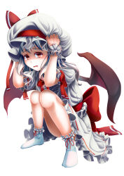  1girl absurdres back_bow bat_wings bow charisma_guard cowering crying crying_with_eyes_open frilled_shirt frilled_skirt frilled_socks frills full_body hara_(user_tvna7732) hat hat_ribbon highres large_bow looking_at_viewer mob_cap puffy_short_sleeves puffy_sleeves red_bow red_eyes red_ribbon remilia_scarlet ribbon shirt short_sleeves simple_background skirt socks solo tears touhou white_background white_hat white_shirt white_skirt white_socks wings wrist_cuffs 