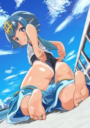  1girl :s adjusting_clothes adjusting_swimsuit alternate_color ass barefoot blue_eyes blue_hair blue_sailor_collar blurry blush cloud creatures_(company) day depth_of_field feet full_body game_freak hair_ornament highres iworin kneeling lana_(pokemon) nintendo ocean one-piece_swimsuit one-piece_tan pants partially_visible_vulva petite pokemon pokemon_sm sailor_collar school_swimsuit shiny_skin short_hair sky soles solo swimsuit swimsuit_under_clothes tan tanline toes undressing unworn_pants wedgie 