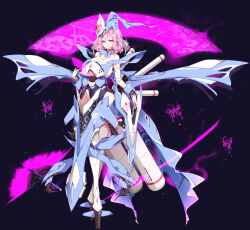  1girl absurdres breasts bug butterfly cannon cherry_blossoms cleavage ghost headgear highres hitodama insect large_breasts looking_at_viewer mecha_musume mechanical_wings pink_eyes pink_hair raptor7 saigyouji_yuyuko saigyouji_yuyuko&#039;s_fan_design science_fiction short_hair smile solo thrusters touhou triangular_headpiece wavy_hair wings 