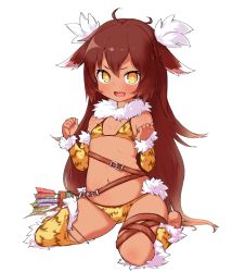 1girl :d animal_print arm_warmers arrow_(projectile) babalilo barefoot bella_(sennen_sensou_aigis) bikini bright_pupils brown_hair commentary_request dark-skinned_female dark_skin fang flat_chest full_body fur_trim hair_ornament kneehighs long_hair looking_at_viewer navel open_mouth sennen_sensou_aigis simple_background single_kneehigh single_sock single_thighhigh sitting smile socks solo swimsuit thigh_strap thighhighs v-shaped_eyebrows very_long_hair wariza white_background white_pupils yellow_eyes rating:Sensitive score:41 user:danbooru