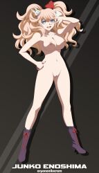  1girl absurdres armpits artist_name bare_arms bare_hips bare_shoulders bare_stomach black_background black_footwear blonde_hair blue_eyes boots boots_only bottomless bow breasts calf_boots character_name cleft_of_venus danganronpa:_trigger_happy_havoc danganronpa_(series) danganronpa_3_(anime) enoshima_junko female_focus fingernails full_body hair_bow hair_ornament hand_on_own_hip hand_up highres large_breasts looking_at_viewer m/ multicolored_bow nail_polish navel nipples nude nude_filter open_mouth oryononilocram rabbit_hair_ornament red_bow red_nails simple_background solo standing teeth third-party_edit tongue topless upper_teeth_only white_bow  rating:Explicit score:41 user:VampireQueenDespair