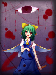  1girl ascot bad_id bad_pixiv_id blood blood_on_clothes bloody_knife bloody_tears bloody_weapon daiyousei female_focus gradient_background green_hair hair_ribbon hexagon highres knife open_mouth red_eyes ribbon shefu solo touhou weapon wings yandere  rating:Sensitive score:7 user:danbooru