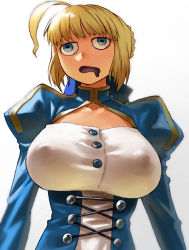  1girl ahoge alternate_breast_size artoria_pendragon_(fate) blonde_hair blue_dress blue_eyes braid breasts cleavage_cutout clothing_cutout dress drooling covered_erect_nipples fate/stay_night fate_(series) french_braid half-closed_eyes juliet_sleeves large_breasts long_sleeves narisokonai_(mmmikedaya) open_mouth puffy_sleeves saber_(fate) sader simple_background solo upper_body wall-eyed white_background 
