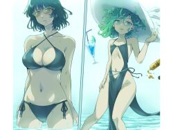  1girl bikini black_bikini black_hair black_one-piece_swimsuit bottle breasts cleavage clothing_cutout cocktail_glass commentary_request criss-cross_halter cup curly_hair drinking_glass drinking_straw floating floating_object fubuki_(one-punch_man) green_eyes green_hair hairu halterneck hat large_breasts loli looking_at_viewer navel ocean one-piece_swimsuit one-punch_man outdoors pelvic_curtain psychic short_hair siblings side-tie_bikini_bottom side_slit sisters small_breasts split_screen stomach_cutout sun_hat sunglasses swimsuit tanning_oil tatsumaki telekinesis wading white_headwear 