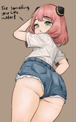  1girl antigens anya_(spy_x_family) ass ass_focus come_hither denim denim_shorts english_text female_focus female_pervert from_behind green_eyes half-closed_eyes highres huge_ass jeans kyojiri_loli loli looking_at_viewer looking_back medium_hair pants pervert pink_hair seductive_gaze sexually_suggestive short_shorts shorts solo spy_x_family standing  rating:Questionable score:355 user:AhegaopA