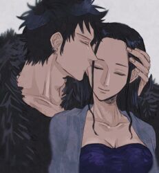  1boy 1girl black_hair breasts cleavage closed_eyes collarbone commentary_request couple earrings eyelashes facing_viewer feather_coat hand_on_another&#039;s_head hetero jewelry kiss kissing_eye large_breasts long_hair long_sleeves nico_robin nsgw one_piece shirt short_hair smile trafalgar_law 