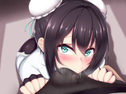 1boy 1girl ass black_gloves black_hair blush bodysuit bulge bun_cover chinese_clothes cum cum_in_clothes cum_through_clothes double_bun ebon erection erection_under_clothes eye_contact fate_(series) fellatio fellatio_over_clothes fingerless_gloves from_above gloves green_eyes hair_bun heart heart-shaped_pupils highres looking_at_another looking_at_viewer oral pov qin_liangyu_(fate) sidelocks skin_tight squatting symbol-shaped_pupils rating:Explicit score:265 user:danbooru