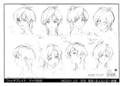  1girl 2005 absurdres amaha_masane breasts character_sheet dated female_focus gonzo_(company) highres large_breasts looking_at_viewer monochrome multiple_views official_art scan short_hair smile solo translation_request witchblade 