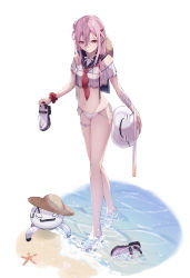 1girl artist_request bare_shoulders beach cat&#039;s_cradle fyu-neru guilty_crown hair_ornament hairclip hat highres looking_at_viewer partially_submerged pink_hair red_eyes sandals shoes smile soaking_feet solo straw_hat thighs twintails unworn_sandals unworn_shoes water yuzuriha_inori