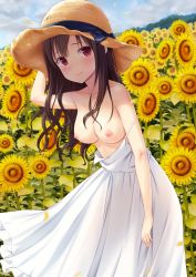  1girl absurdres bare_shoulders blush breasts breasts_out brown_hair closed_mouth clothes_pull collarbone dress dress_pull field flower flower_field hand_on_headwear hat highres long_hair looking_at_viewer medium_breasts n.g. nipples no_bra original red_eyes smile solo straw_hat sunflower wavy_hair white_dress yellow_flower  rating:Questionable score:109 user:TheClamps