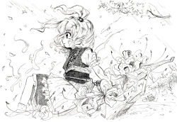  1girl :| boat closed_mouth falling_petals floating_hair flower hair_bobbles hair_ornament hitodama japanese_clothes kimono medinki monochrome obi official_style onozuka_komachi petals puffy_short_sleeves puffy_sleeves sash short_hair short_sleeves solo spider_lily touhou two_side_up watercraft zun_(style) 