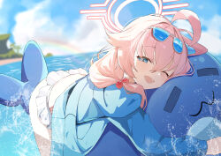  1girl ;d absurdres ahoge beach bikini blue_archive blue_eyes blue_jacket blue_shirt blush chun_jiang cloud day hair_between_eyes hair_bobbles hair_ornament halo highres hoshino_(blue_archive) hoshino_(swimsuit)_(blue_archive) inflatable_toy jacket long_hair long_sleeves looking_at_viewer low_twintails ocean official_alternate_costume one_eye_closed open_mouth outdoors pink_hair pink_halo shirt skirt sky smile solo sunglasses swimsuit twintails water white_bikini 