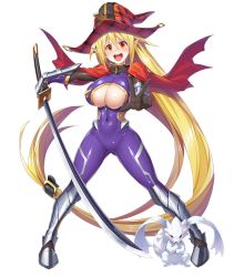 1girl akiyama_rinko_(cosplay) asahi blonde_hair blush bodysuit breasts cape cleavage cleavage_cutout clothing_cutout cosplay creature curvy female_focus full_body hat highres huge_breasts lilith-soft long_hair looking_at_viewer magical_girl_lilith open_mouth pointy_ears red_eyes shiny_skin simple_background smile solo standing sword taimanin_(series) taimanin_asagi_kessen_arena taimanin_yukikaze very_long_hair weapon witch_hat rating:Sensitive score:30 user:fakyuh