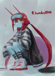  1girl absurdres black_jacket blue_skin colored_skin commentary english_commentary full_body goggles goggles_on_head grey_background highres horns invaders_(record_label) invtam jacket knees_up long_hair long_sleeves looking_at_viewer low_twintails py-2 red_eyes red_hair red_horns shoes sitting sneakers solo twintails white_footwear 