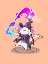  animal axolotl axolotl_tail costume fire happy lowres magic magician orange_background simple_background  rating:Sensitive score:3 user:samyfc509