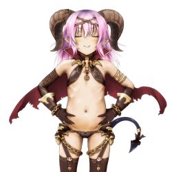  1girl blush cape closed_eyes demon_girl demon_tail esan_(llamaesan) fang fang_out flat_chest hands_on_own_hips horns loli navel pointy_ears purple_hair sennen_sensou_aigis smile solo tail  rating:Questionable score:19 user:quarn