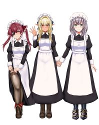  3girls alternate_costume apron armor blonde_hair blush boots clothes_lift commentary dark-skinned_female dark_skin dress dress_lift elf enmaided eyepatch green_eyes holding_hands hat highres hololive houshou_marine kinkin18 lifted_by_self long_hair looking_at_viewer maid maid_apron maid_headdress mob_cap multiple_girls orange_eyes pointy_ears red_hair shiranui_flare shirogane_noel silver_hair thighhighs twintails virtual_youtuber white_background 