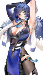  1girl armpits arms_behind_head arms_up bare_shoulders blue_gloves blue_hair blush bracelet breasts cleavage clothing_cutout commentary_request detached_sleeves diagonal_bangs earrings genshin_impact gloves green_eyes half-closed_eyes highres jacket jewelry large_breasts long_sleeves looking_at_viewer marushin_(denwa0214) mole mole_on_breast navel navel_cutout parted_lips seductive_gaze short_hair simple_background solo thighs vision_(genshin_impact) white_background white_jacket yelan_(genshin_impact) 