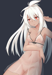 10s 1girl ahoge bad_id bad_pixiv_id breasts collarbone covered_erect_nipples dark-skinned_female dark_skin granblue_fantasy groin katsuda_(katonnbootita) long_hair navel nipples parted_lips puffy_nipples pussy red_eyes see-through simple_background small_breasts solo tareme uncensored white_hair zooey_(granblue_fantasy) rating:Explicit score:21 user:danbooru