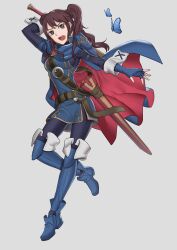  1girl black_eyes blue_butterfly blue_footwear brown_hair bug butterfly cosplay ebinku falchion_(fire_emblem) fingerless_gloves fire_emblem fire_emblem_awakening gloves highres holding holding_sword holding_weapon insect kujikawa_rise laura_bailey lucina_(fire_emblem) lucina_(fire_emblem)_(cosplay) nintendo open_mouth persona persona_4 sword twintails two-tone_cape voice_actor_connection weapon 