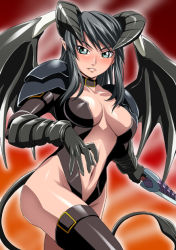  1girl armor black_hair demon_girl elbow_gloves gloves green_eyes horns isse long_hair original pointy_ears solo sword tail thighhighs weapon wings  rating:Questionable score:35 user:danbooru
