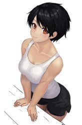  1girl bare_arms bare_shoulders black_hair black_shorts breasts brown_eyes closed_mouth collarbone commentary_request from_above leaning_forward looking_at_viewer medium_breasts original ranma_(kamenrideroz) shirt short_hair shorts simple_background smile solo standing swept_bangs tank_top v_arms white_background white_shirt  rating:Sensitive score:18 user:danbooru