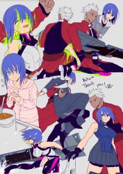  1boy 1girl archer_(fate) armor bare_arms black_gloves bleeding blood blood_on_face blue_eyes blue_hair boots ciel_(tsukihime) commission curry dark-skinned_male dark_skin dress fate/stay_night fate_(series) food gloves grey_background gun highres holding holding_gun holding_weapon jacket line_dot nun seventh_holy_scripture simple_background skirt sleeveless sleeveless_dress smile sparkle spiked_hair tsukihime tsukihime_(remake) weapon white_hair 