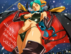  10s 1girl 2014 arms_up boots breasts cape carrera demon_girl demon_tail elbow_gloves female_focus gloves green_hair halterneck horns leather navel night opocom pointy_ears red_eyes scarf short_hair shoulder_pads snow snowing solo tail thigh_boots thighhighs thong translation_request viper volvox wink 