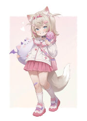  1girl absurdres aged_down animal_ear_fluff animal_ears bag bandaid bandaid_hair_ornament black_collar blonde_hair blue_hair candy child collar dog_ears dog_girl dog_tail food frilled_shirt_collar frills grin hair_ornament headband highres hololive hololive_english lollipop looking_at_viewer medium_hair midori_xu mococo_abyssgard multicolored_hair perroccino_(fuwamoco) pink_headband pleated_skirt school_uniform shoulder_bag simple_background skirt smile solo streaked_hair tail virtual_youtuber white_background x_hair_ornament  rating:General score:12 user:danbooru