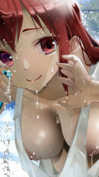  1girl attyuu_(artist) breasts downblouse hanging_breasts highres kakuchou_shoujo-kei_trinary large_breasts leaning_forward long_hair looking_at_viewer loose_clothes matching_hair/eyes nipples no_bra ose_tsubame red_eyes red_hair see-through smile solo water wet wet_clothes 