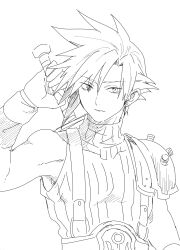  1boy armor asymmetrical_hair belt buster_sword closed_mouth cloud_strife earrings final_fantasy final_fantasy_vii gloves greyscale hair_between_eyes highres holding holding_sword holding_weapon ikuhashi_muiko jewelry lineart male_focus monochrome short_hair shoulder_armor single_bare_shoulder single_earring single_shoulder_pad sketch sleeveless sleeveless_turtleneck solo spiked_hair suspenders sword turtleneck upper_body weapon weapon_on_back white_background 