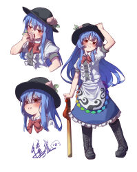  1girl absurdres artist_name black_footwear black_hat blue_hair blue_skirt blush boots closed_mouth collared_shirt fruit_hat_ornament hat hat_ornament highres hinanawi_tenshi long_hair multicolored_hair peach_hat_ornament puffy_short_sleeves puffy_sleeves rangque_(user_vjjs4748) red_eyes shirt short_sleeves signature simple_background skirt smile sword sword_of_hisou touhou weapon white_background white_shirt 