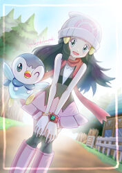  1girl :d bare_shoulders black_dress black_eyes black_hair black_socks boots commentary_request creatures_(company) dawn_(pokemon) dress game_freak gen_4_pokemon hair_ornament hairclip hands_on_own_knees hat highres kneehighs long_hair looking_at_viewer nintendo open_mouth pink_footwear pink_skirt piplup pokemon pokemon_(creature) pokemon_dppt pokepokekonpeki red_scarf scarf skirt sleeveless sleeveless_dress smile socks tree white_hat 