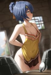  1girl absurdres apron armpit_peek artist_request blue_hair blush breasts brown_eyes character_request cleavage covered_navel genshin_impact highres naked_apron no_bra no_panties small_breasts sweat thick_thighs thighhighs thighs xiangling_(genshin_impact)  rating:Questionable score:164 user:spk