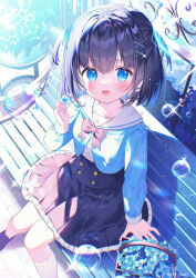  1girl :d basket black_footwear black_hair black_skirt blue_eyes blue_flower blue_hair blue_jacket blush bow bubble commentary_request flower frilled_skirt frills hair_between_eyes highres holding holding_flower ikari_(aor3507) jacket loafers long_sleeves looking_at_viewer multicolored_hair on_bench open_mouth original pink_bow pleated_skirt puffy_long_sleeves puffy_sleeves sailor_collar shirt shoes sitting skirt smile socks solo twitter_username two-tone_hair two_side_up white_sailor_collar white_shirt white_socks 