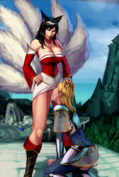 2girls ahri_(league_of_legends) aka6 animal_ears blonde_hair breasts cleavage clothed_sex cunnilingus day detached_sleeves facial_mark female_pubic_hair femdom fox_ears fox_tail grabbing_another&#039;s_hair grin hand_on_another&#039;s_head hand_on_own_hip highres korean_clothes large_breasts league_of_legends lipstick long_hair lux_(league_of_legends) makeup multiple_girls multiple_tails no_panties oral outdoors pubic_hair smile standing standing_cunnilingus tail thighs whisker_markings yellow_eyes yuri rating:Explicit score:134 user:danbooru