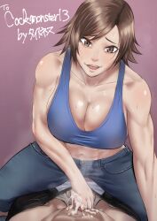  1boy 1girl bad_id bad_pixiv_id bare_shoulders bed_sheet black_pants blue_shirt blue_sports_bra breasts brown_eyes brown_hair censored cleavage collarbone commission crop_top cum cum_on_hands cum_on_self denim girl_on_top handjob hetero houjoh_(7th-heaven) jeans kazama_asuka large_breasts looking_at_viewer matching_hair/eyes midriff mosaic_censoring muscular muscular_female namco navel pants penis pov pov_crotch purple_background shirt short_hair skeb_commission smile solo_focus sports_bra stomach teeth tekken tomboy tongue tongue_out upper_teeth_only 