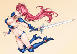  1girl 2girls armor armored_boots asagiri_youko bikini_armor blue_armor blue_footwear blue_pants boots breasts character_request damaged genmu_senki_leda highres holding holding_sword holding_weapon long_hair medium_breasts multiple_girls nishieda pants red_eyes red_hair revealing_clothes shoulder_armor side_ponytail simple_background solo sword weapon 