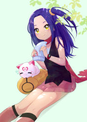1girl absurdres amesafu aqua_background black_shirt black_socks blush boots cat closed_mouth commission cosplay creatures_(company) dawn_(pokemon) dawn_(pokemon)_(cosplay) game_freak hair_intakes hair_ornament hair_scrunchie hat highres holding holding_clothes holding_hat hummy_(suite_precure) knee_boots kurokawa_eren long_hair miniskirt nintendo pink_footwear pink_skirt pixiv_commission pokemon pokemon_dppt precure purple_hair scrunchie shirt side_ponytail sitting skirt sleeveless sleeveless_shirt smile socks solo suite_precure toyoguchi_megumi unworn_hat unworn_headwear voice_actor_connection yellow_eyes yellow_scrunchie
