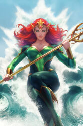  1girl blue_eyes bodysuit breasts cleavage collarbone crown dc_comics green_bodysuit highres holding holding_trident holding_weapon hydrokinesis long_hair looking_at_viewer medium_breasts mera_(dc) open_mouth parted_lips polearm realistic red_hair signature smile solo stanley_lau trident water waves weapon 