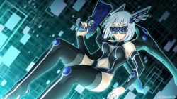 1girl absurdres armlet artist_name bare_shoulders black_bodysuit bodysuit boots breasts cinnamyon cleavage_cutout clothing_cutout cyberspace detached_sleeves dutch_angle flying frown full_body glowing gun head_wings highres hime_cut leotard mechanical_wings medium_breasts navel_cutout original short_hair silver_hair solo stormwyrm thigh_boots thighhighs visor weapon wings rating:Sensitive score:6 user:stormwyrm861