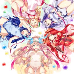  5girls barefoot blonde_hair blue_eyes breasts china_dress chinese_clothes circlet covered_navel double_bun dragon_girl dress elbow_gloves fang fingerless_gloves from_below gloves green_eyes hair_ornament haku_(p&amp;d) highres horns kaki_s karin_(p&amp;d) large_breasts leilan_(p&amp;d) leiran_(p&amp;d) long_hair medium_breasts meimei_(p&amp;d) multicolored_hair multiple_girls navel one_eye_closed open_mouth orb purple_hair puzzle_&amp;_dragons ribbon sakuya_(p&amp;d) silver_hair thighhighs turtle_shell twintails two-tone_hair very_long_hair 