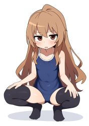  1girl aisaka_taiga black_thighhighs brown_eyes brown_hair cameltoe commentary covered_navel flat_chest full_body hands_on_own_thighs highres jitome long_hair looking_at_viewer mikoscrub one-piece_swimsuit parted_lips simple_background skin_tight skindentation solo squatting swimsuit symbol-only_commentary thighhighs thighs toradora! white_background 