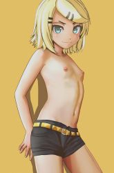  1girl aruman bad_id bad_pixiv_id belt black_shorts blonde_hair blue_eyes blush breasts female_focus flat_chest hair_ornament hairclip highres kagamine_rin loli looking_at_viewer navel nipples short_hair short_shorts shorts simple_background small_breasts smile solo standing topless vocaloid yellow_background  rating:Questionable score:126 user:AngryZapdos