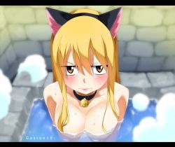 1girl animal_ears bath bell blonde_hair blush breasts brown_eyes cat_ears collar collarbone completely_nude fairy_tail fake_animal_ears gaston18 highres lips long_hair lucy_heartfilia mashima_hiro neck_bell nude solo steam submerged wet rating:Questionable score:32 user:danbooru