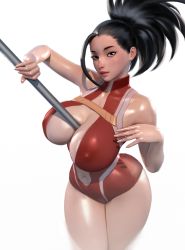 1girl 3d absurdres black_eyes black_hair boku_no_hero_academia breasts cleavage curvy highres huge_breasts leotard lips long_hair looking_at_viewer navel ponytail popogori solo stomach thick_thighs thighs weapon white_background wide_hips yaoyorozu_momo rating:Questionable score:90 user:JustHere4Butts