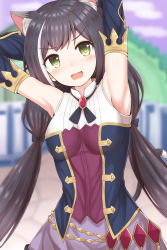 1girl :d absurdres animal_ear_fluff animal_ears arm_up armpits arms_behind_head bare_shoulders black_hair blush breasts cat_ears cat_tail commentary_request detached_sleeves fang green_eyes highres karyl_(princess_connect!) long_hair looking_at_viewer low_twintails masa_masa multicolored_hair open_mouth princess_connect! small_breasts smile solo streaked_hair tail twintails very_long_hair white_hair rating:Sensitive score:8 user:danbooru