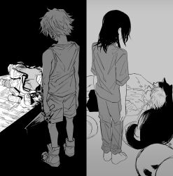  absurdres blood bloody_weapon can cat chainsaw_man denji_(chainsaw_man) dog greyscale heartbreak_juan highres holding holding_knife knife lying meowy_(chainsaw_man) monochrome nayuta_(chainsaw_man) on_back pajamas shoes shorts sleeping sneakers split_screen tank_top weapon 